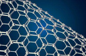 Structure en nanotechnologie avec des atomes organisés en réseau hexagonal sur fond bleu.
