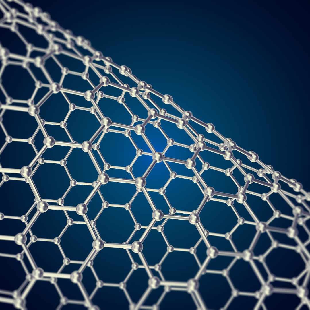 Structure en nanotechnologie avec des atomes organisés en réseau hexagonal sur fond bleu.